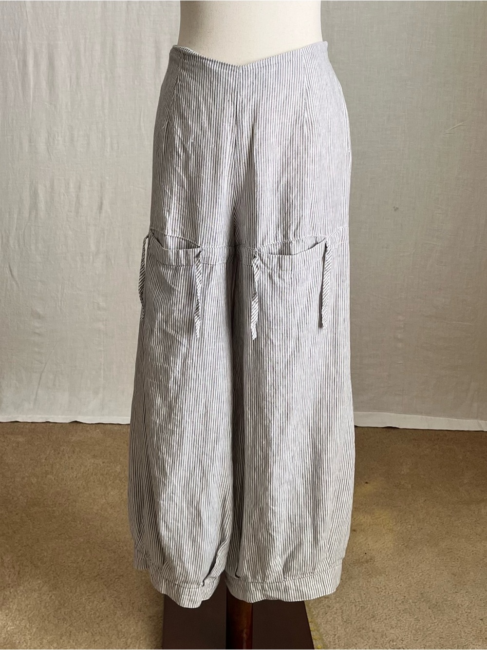 Kokomarina - Linen Barrel Leg Pants - Blue & White Stripe - M